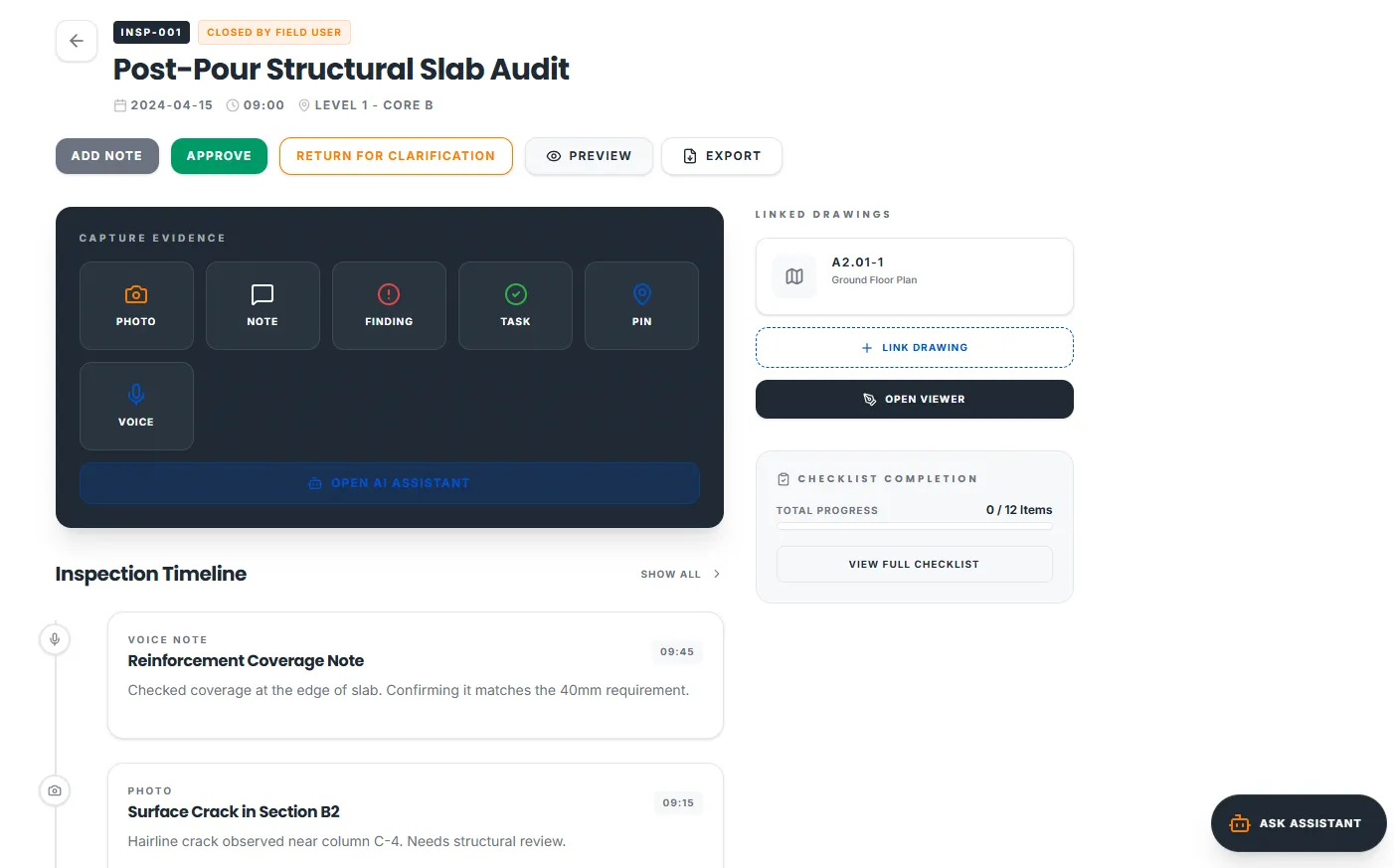 A SiteNotePro inspection record showing capture buttons, linked drawings, checklist progress and a chronological timeline of voice notes and photos.
